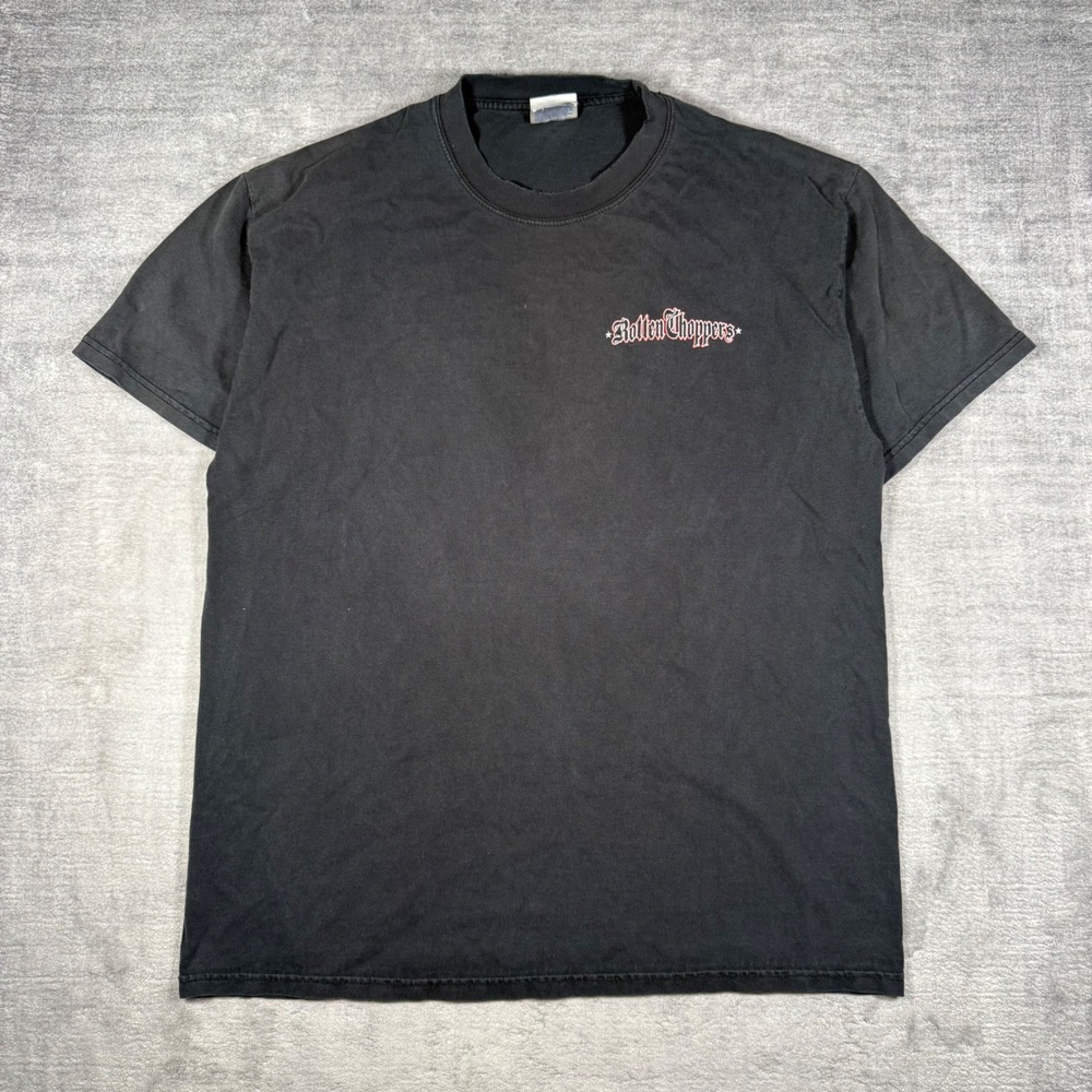Rotten Choppers Shirt Mens Large Black Vintage Y2K Biker Pinup Girl Iron Cross